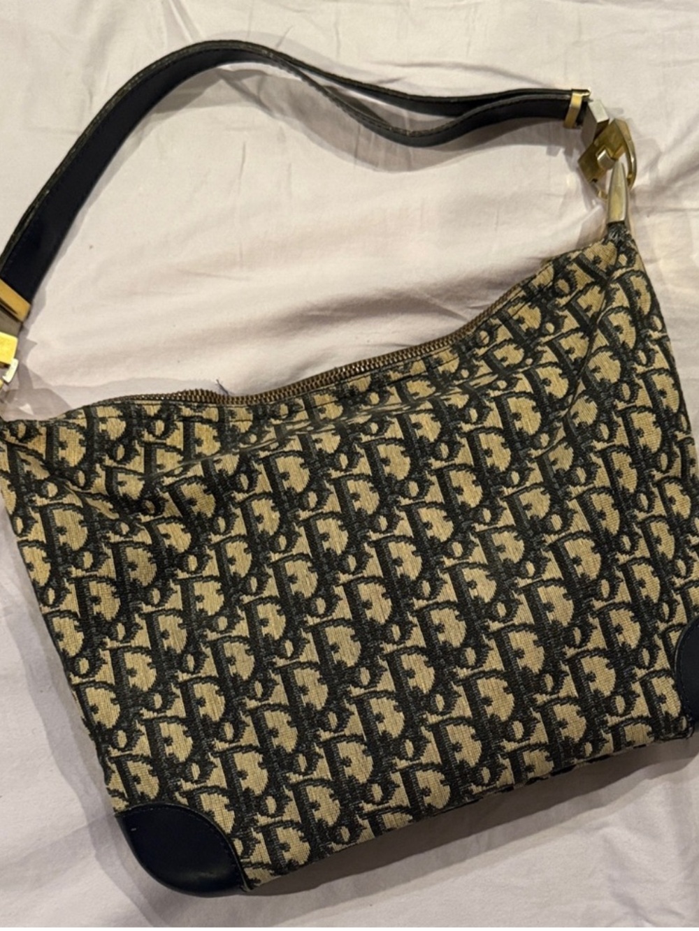Dior Navy Monogram Canvas Shoulder Bag with Gold Hardware